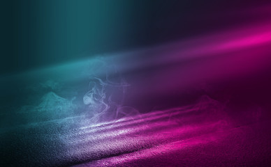 Empty background scene. Dark reflection of the street on the wet asphalt. Rays of neon light in the dark, neon figures, smoke. Night view of the street, the city. Abstract dark background.
