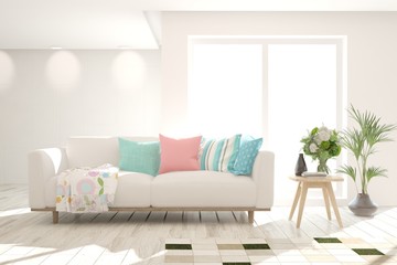 Stylish room in white color with sofa. Scandinavian interior design. 3D illustration