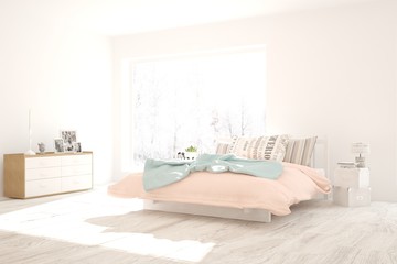 Stylish bedroom in white color. Scandinavian interior design. 3D illustration