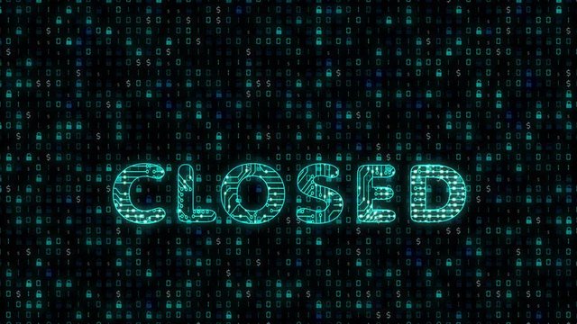 Closed, word with chip or processor texture, binary code with computational operation