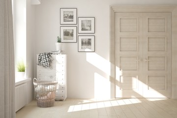 Empty room in white color with home furniture. Scandinavian interior design. 3D illustration