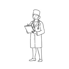 Doctor woman in professional uniform. Line art style character vector black white isolated illustration.