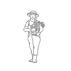 Farmer woman with vegetable basket in hand. Line art style character vector black white isolated illustration.