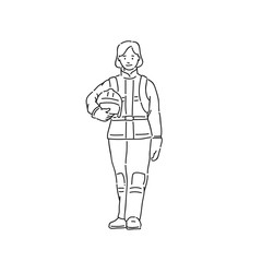 Fireman woman in professional protective suit. Line art style character vector black white isolated illustration.