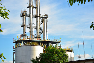 Close-up of pipelines and destillation tanks of an oil-refinery plant