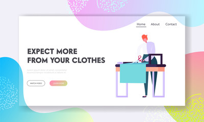 Male Dressmaker Making Out Clothes on Table, Clothing Designer or Tailor Working at Atelier, Young Man Sewer or Garment Designer Website Landing Page, Web Page Cartoon Flat Vector Illustration, Banner