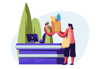 Woman Buying Healthy Food in Reusable Packing in Eco Store. Smiling Cashier Girl Character Giving Eco Friendly Paper Bag with Products. Ecology Protection, Recycling Cartoon Flat Vector Illustration