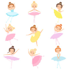 Cute Little Ballerinas Dancing Set, Lovely Girls Ballet Dancers Characters in Tutu Dress Vector Illustration © topvectors