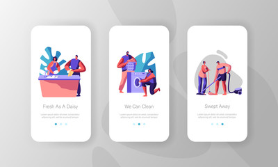Housekeeping People Clean Home. Put Clothes to Washing Machine, Wiping Floor and Cleaning Dishes. Mobile App Page Onboard Screen Set Concept for Website or Web Page Cartoon Flat Vector Illustration