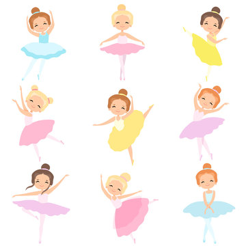 Cute Little Ballerinas Dancing Set, Lovely Girls Ballet Dancers Characters in Tutu Dress Vector Illustration