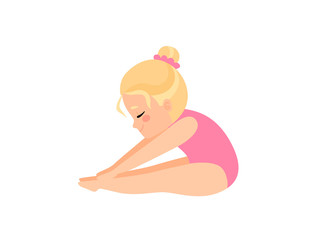 Cute Little Ballerina Doing Exercise, Blonde Girl Gymnast Character in Pink Leotard Vector Illustration