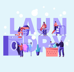 Laundry Concept Poster with Male and Female Characters Loading Dirty Clothes to Washing Machine in Public Launderette, Ironing Clothes, Rolling Cart Banner, Brochure. Cartoon Flat Vector Illustration