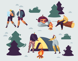 Company of Young People Spend Time at Summer Camp in Deep Forest. Set Up Tent, Playing Guitar at Campfire. Men and Woman Friends Hiking with Backpack on Vacation. Cartoon Flat Vector Illustration