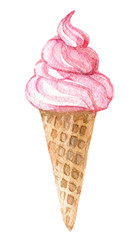Pink ice cream in the cone isolated on white background, watercolor illustration - 263531613