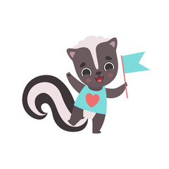 Cute Little Skunk with Flag, Adorable Baby Animal Cartoon Character Vector Illustration