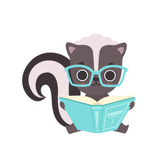 Cute Little Skunk in Glasses Reading Book, Adorable Baby Animal Cartoon Character Vector Illustration