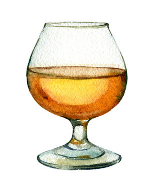 Cognac in a glass isolated on white background, watercolor illustration