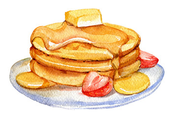 Pancakes with honey butter and strawberry isolated on white background, watercolor illustration