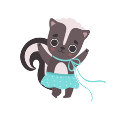 Cute Little Skunk Girl in Blue Skirt, Adorable Baby Animal Cartoon Character Vector Illustration