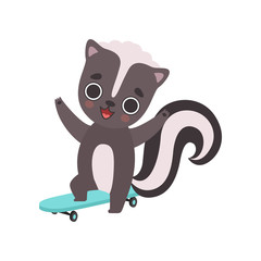 Cute Little Skunk Skateboarder, Adorable Baby Animal Cartoon Character Vector Illustration
