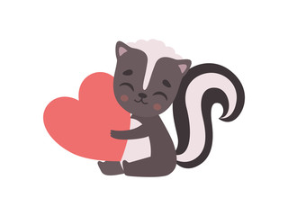 Cute Little Skunk Sitting with Red Heart, Adorable Baby Animal Cartoon Character Vector Illustration