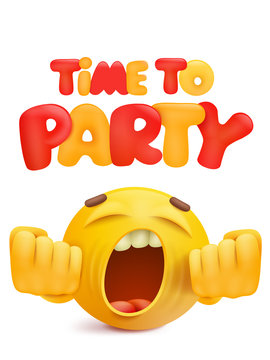 time to party invitation card with cartoon yellow smile face character