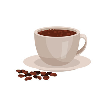 Cup of hot coffee on a saucer. Vector illustration.