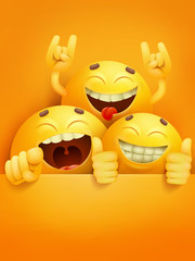 Three cartoon yellow smile characters invitation card template