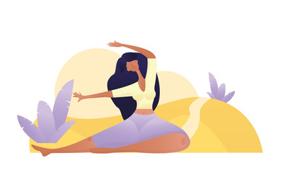 Young woman practicing fitness concept, sitting in pose and wearing sportswear bra and pants. Women in the park and do physical exercise