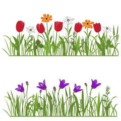 Spring and summer forest and garden flowers isolated on white vector set. Illustration of the nature of the flower and grass in spring and summer in the garden, tulip, bell, daisy