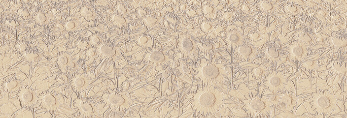 Light background of blooming field of sunflowers, illustration with generated relief texture.