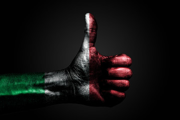 A hand with a drawn Italy flag shows a finger up sign, a symbol of success, readiness, a task done on a dark background.