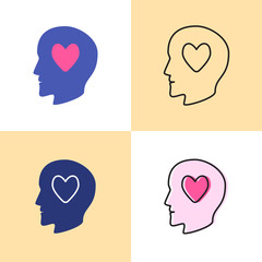 Human head with heart icon set in flat and line styles