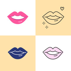 Red lips icon set in flat and line styles