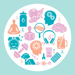 Biohacking round concept banner with icons in flat style