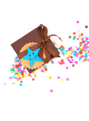 gift box for man, boyfriend, father on white background. concept festive gift for dad, men, brutal style. male brown gift box with star, concept father's day, February 23. copy space.