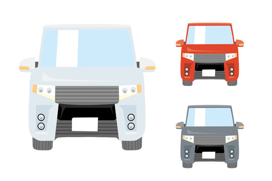 Deformed cute car illustration set, comical | minivan, family car | front view