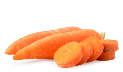 Carrots and sliced chunks closeup on a white. Isolated.