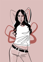 girl in a jeans and white t-shirt, minimalist line art