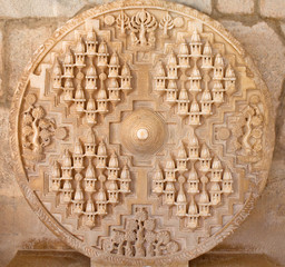 Bas-relief at famous ancient Ranakpur Jain temple in Rajasthan, India