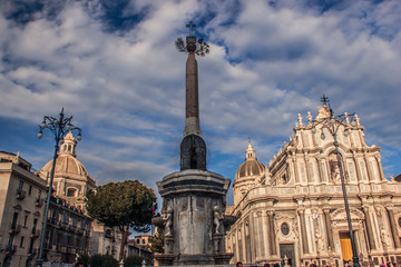 Fototapeta na wymiar Catania cathedral square view from the back of historical elephant statue, old baroque architecture and art Catania