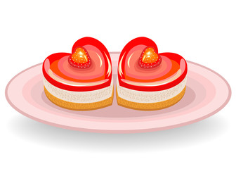The cake has a heart shape. Exquisite sweetness. Suitable for a romantic meeting, for Valentine's Day, like a valentine. Vector illustration