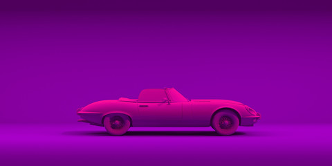 Vintage toy car on color background. Neon minimalism design poster. Rental car for travel. 3D illustration