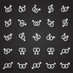 Gender relations icons set on black background for graphic and web design. Simple vector sign. Internet concept symbol for website button or mobile app.