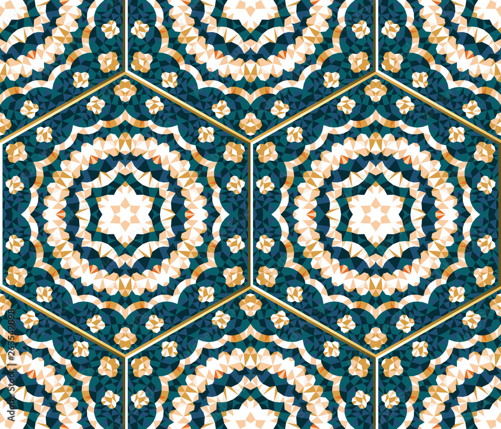 Poster Abstract seamless pattern with kaleidoscope. Symmetric patterns of reflections of figures.
