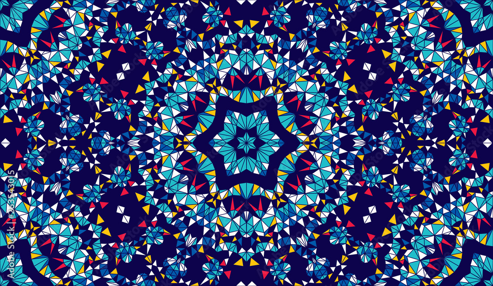 Poster Abstract seamless pattern with kaleidoscope. Symmetric patterns of reflections of figures.