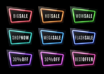 Big sale, wow sale, shop now, best offer. Discount neon signs with glass texture plates. Led or halogen electric borders for banners posters flyers clearance design. Colorful set vector illustration.