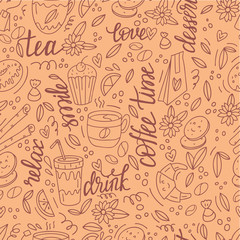 Cafe pattern with doodle coffee, tea, cups and desserts. Vector illustration.