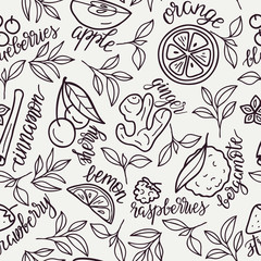 Seamles pattern with herbal and fruit tea ingredients. Suitable for cafes, advertising tea, wallpaper, wrapping paper. Hand drawn illustration.