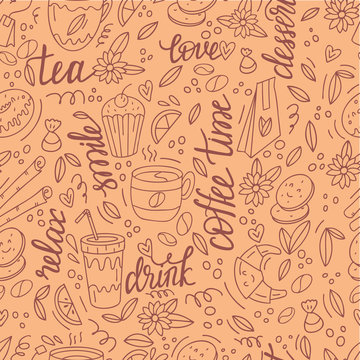 Cafe pattern with doodle coffee, tea, cups and desserts. Vector illustration. © Evartfinds